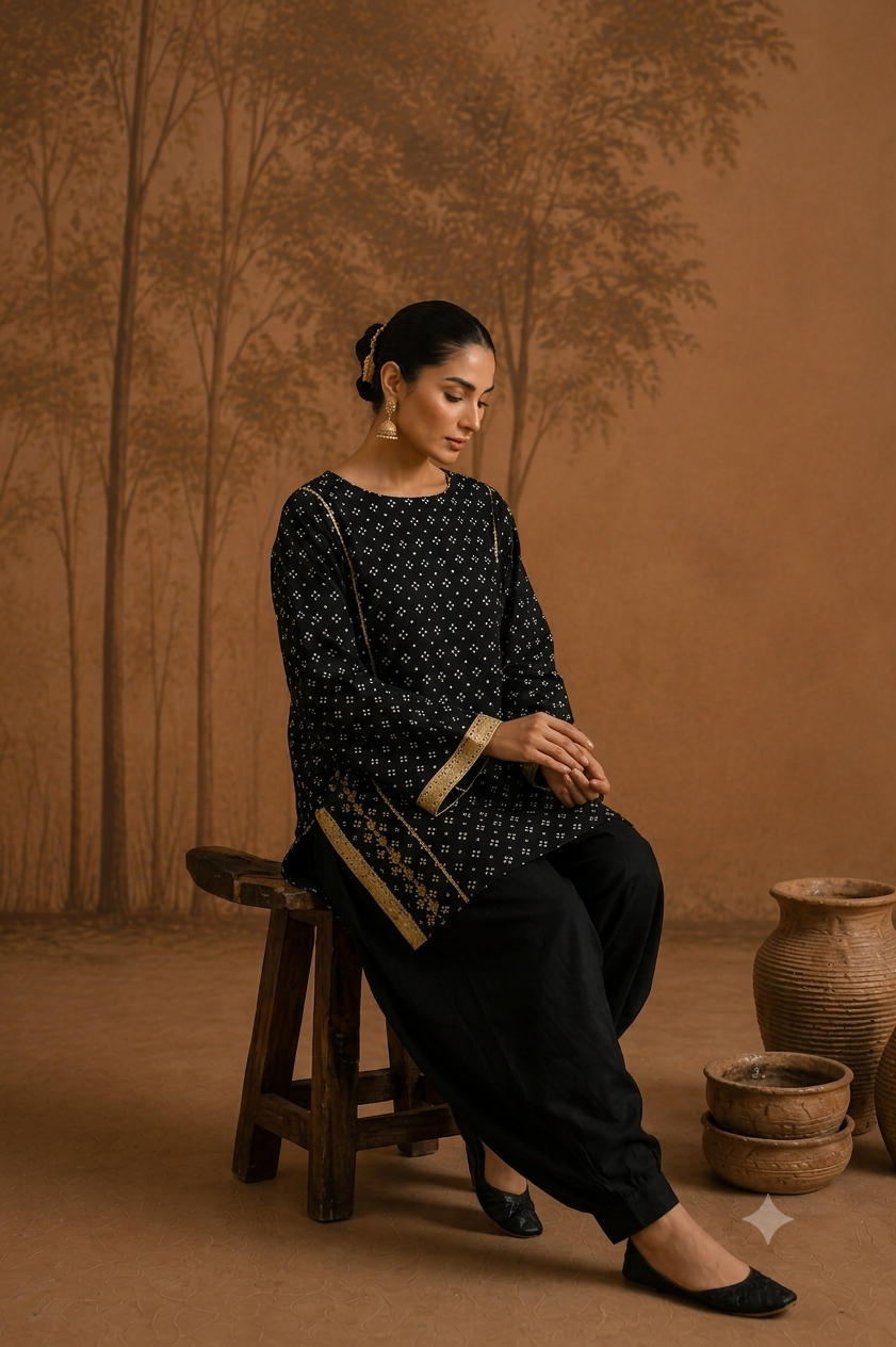 Black Bandhani Print Kurta