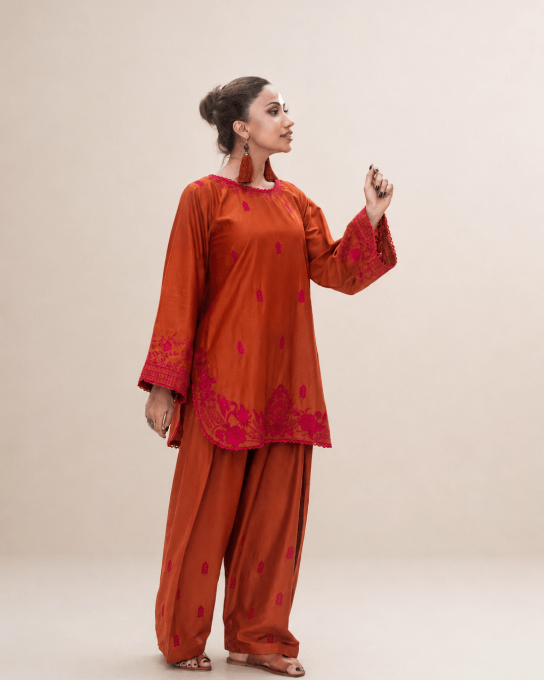 Rust Embroidered Cotton Short Shirt & Farshi Shalwar Set