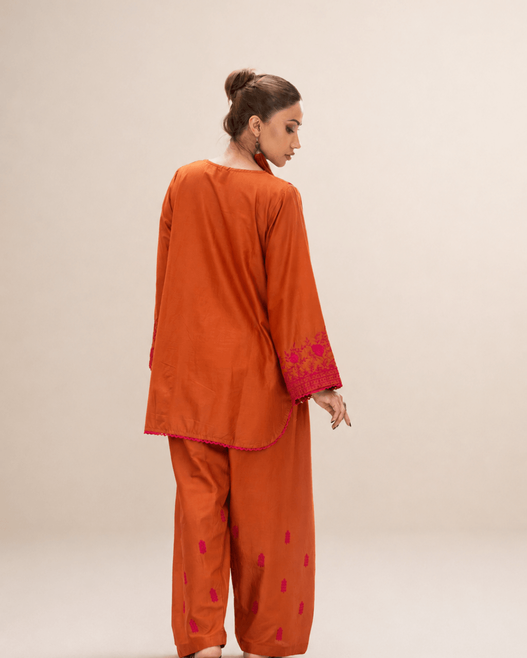 Rust Embroidered Cotton Short Shirt & Farshi Shalwar Set
