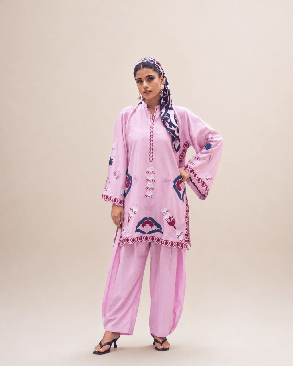 Pastel Pink Embroidered Cotton Short Shirt & Shalwar Set