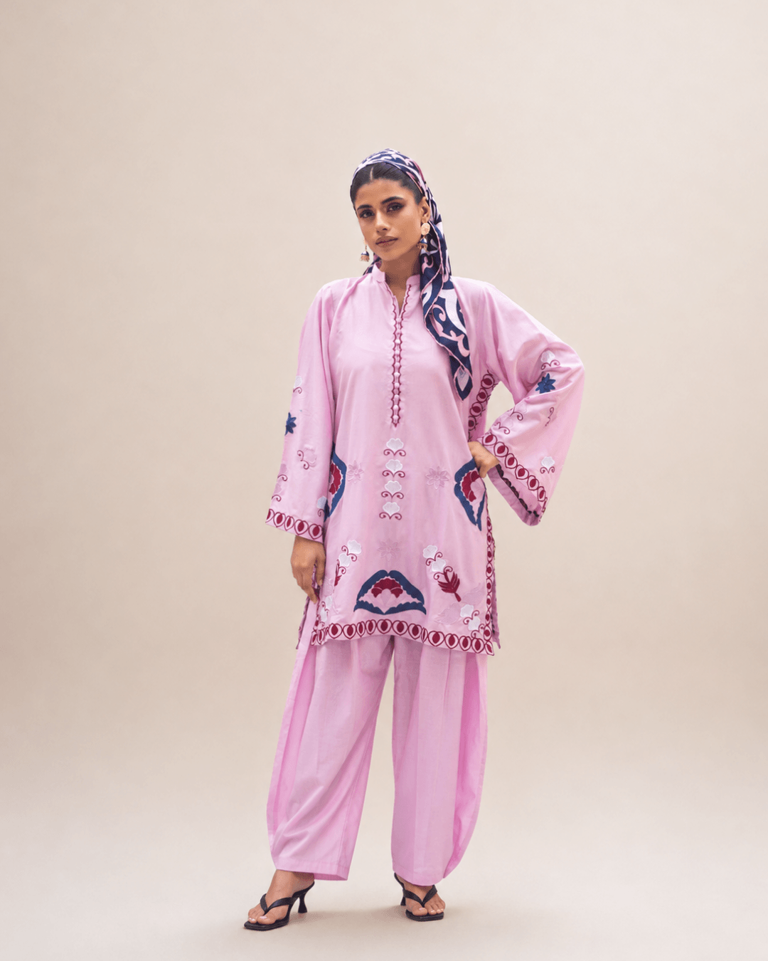 Pastel Pink Embroidered Cotton Short Shirt & Shalwar Set