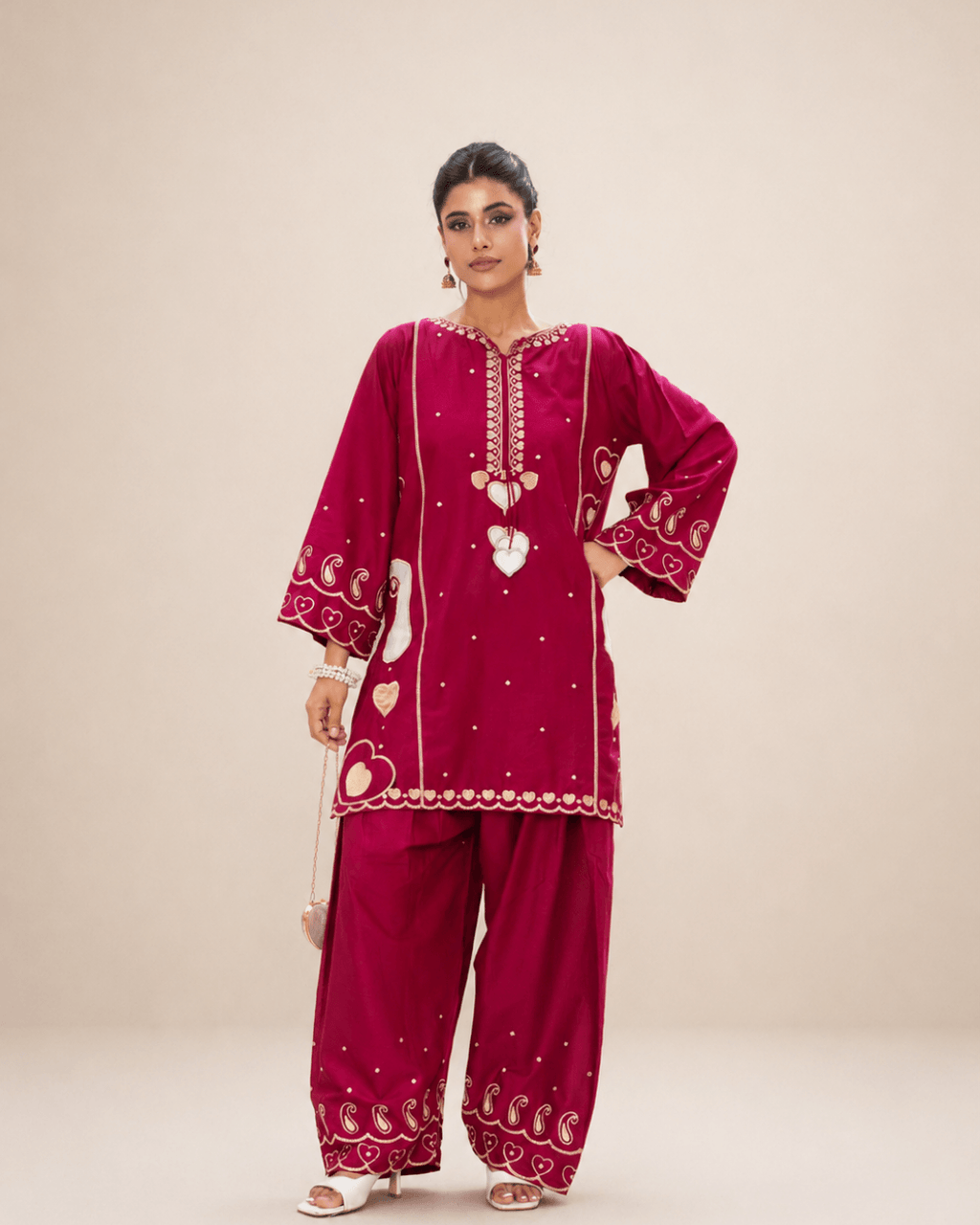Deep Magenta Applique & Embroidered Cotton Short Shirt Set