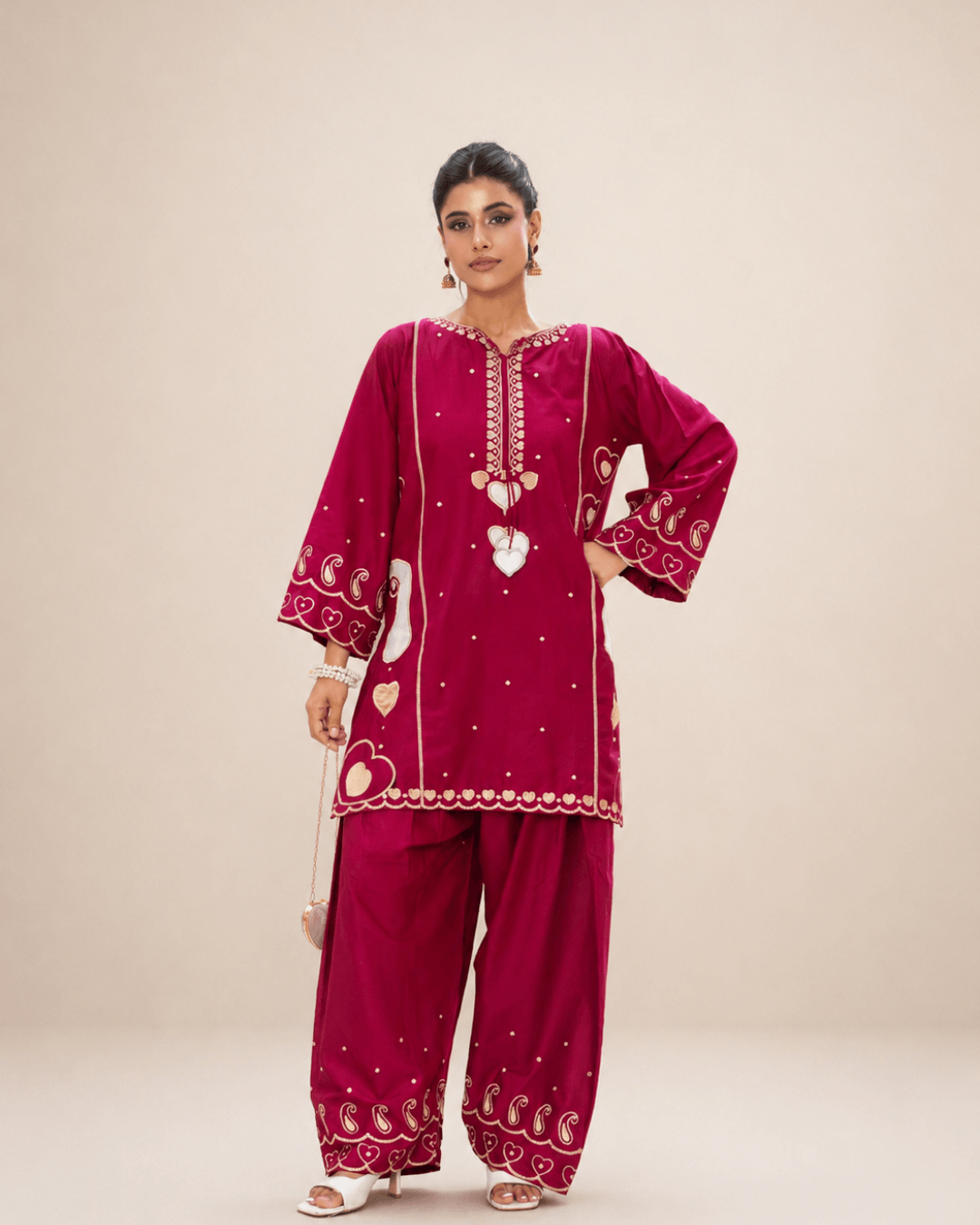 Deep Magenta Applique & Embroidered Cotton Short Shirt Set
