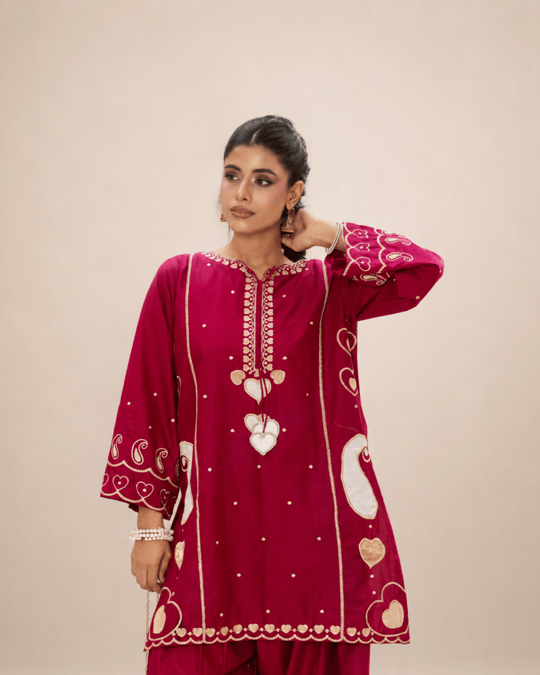 Deep Magenta Applique & Embroidered Cotton Short Shirt Set