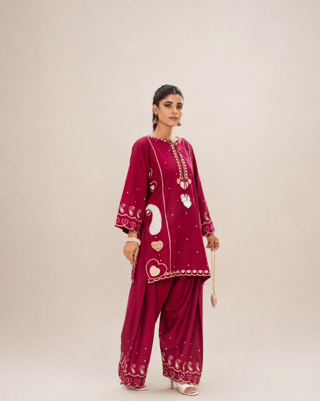 Deep Magenta Applique & Embroidered Cotton Short Shirt Set
