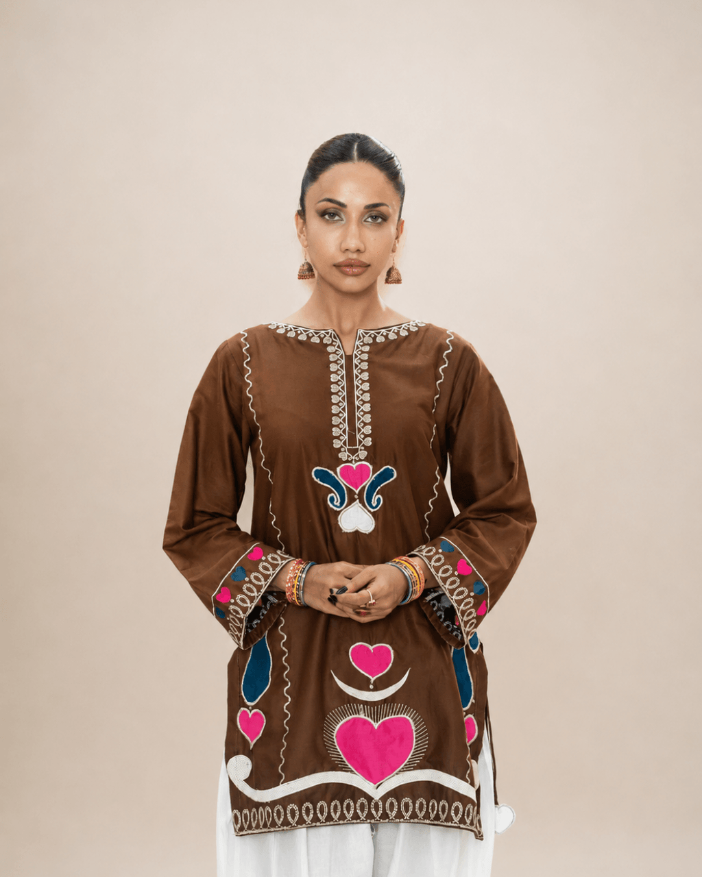 Chocolate Brown Appliqué Cotton Short Shirt & Trouser Set
