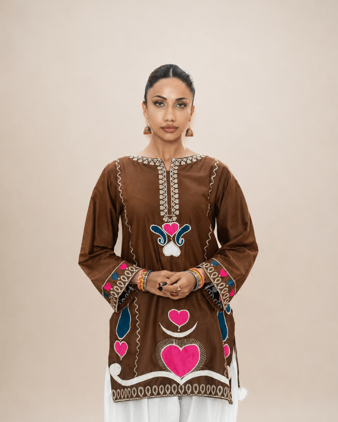 Chocolate Brown Appliqué Cotton Short Shirt & Trouser Set