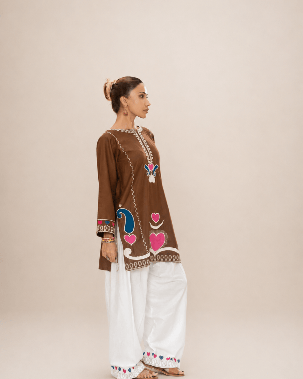 Chocolate Brown Appliqué Cotton Short Shirt & Trouser Set