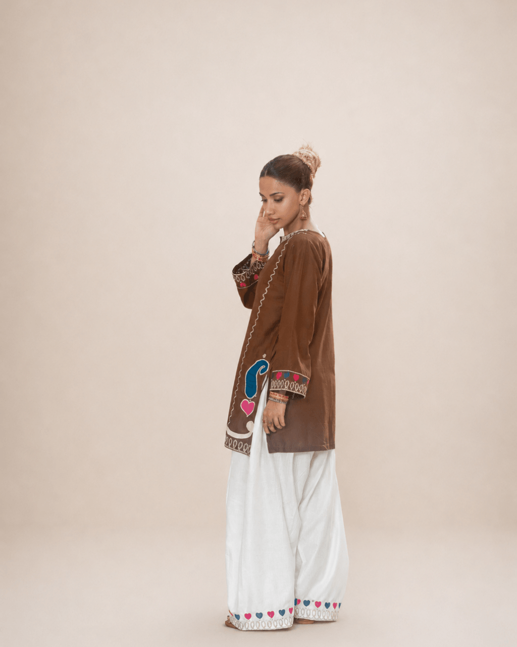Chocolate Brown Appliqué Cotton Short Shirt & Trouser Set