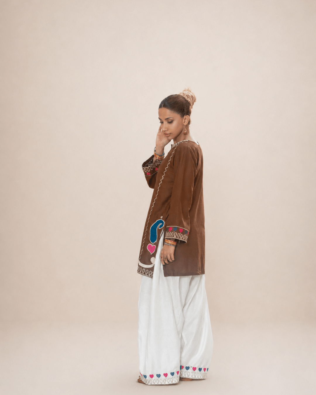 Chocolate Brown Appliqué Cotton Short Shirt & Trouser Set