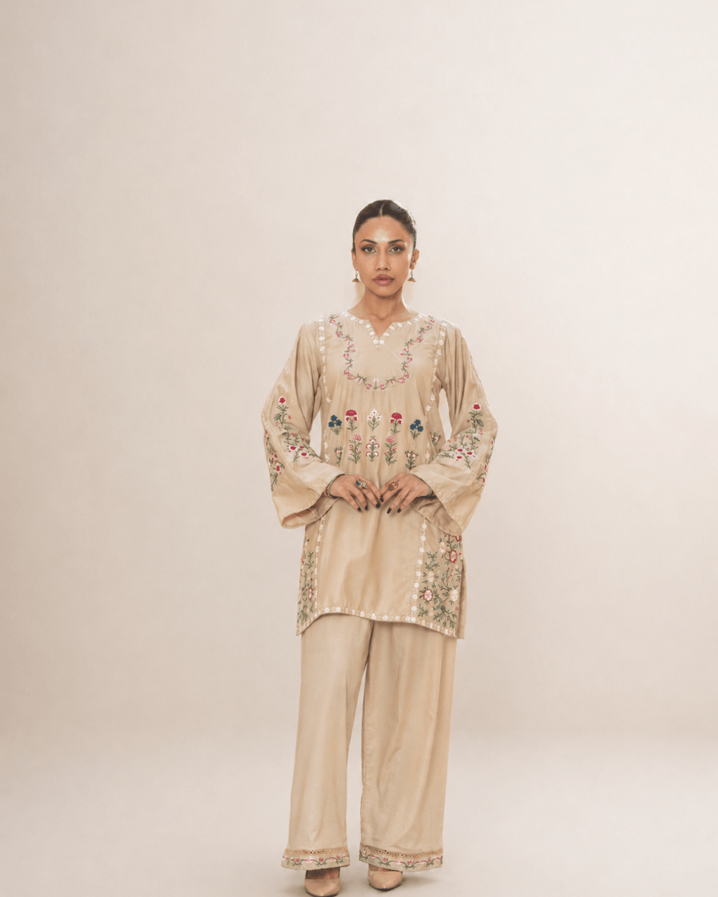 Soft Beige Floral Embroidered Cotton Co-Ord Shirt Set