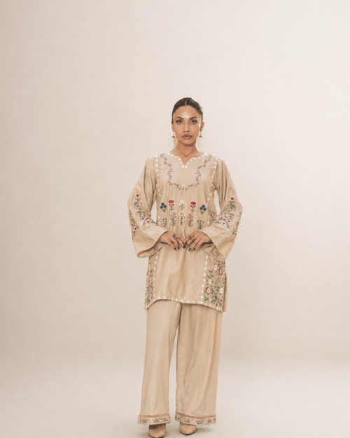 Soft Beige Floral Embroidered Cotton Co-Ord Shirt Set