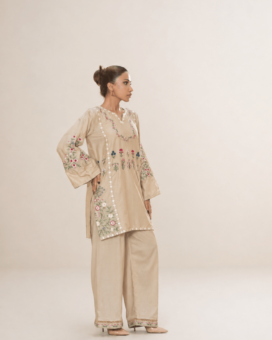 Soft Beige Floral Embroidered Cotton Co-Ord Shirt Set