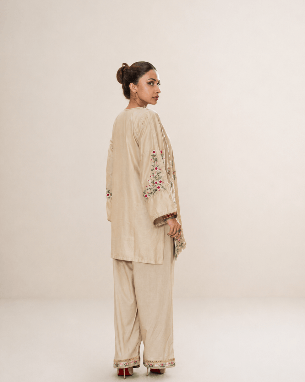 Soft Beige Floral Embroidered Cotton Co-Ord Shirt Set