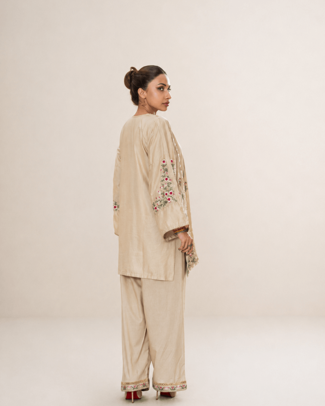 Soft Beige Floral Embroidered Cotton Co-Ord Shirt Set
