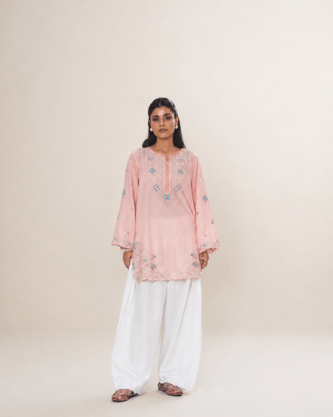 Peach Butterfly Embroidered Cotton Shirt & Chikankari Shalwar
