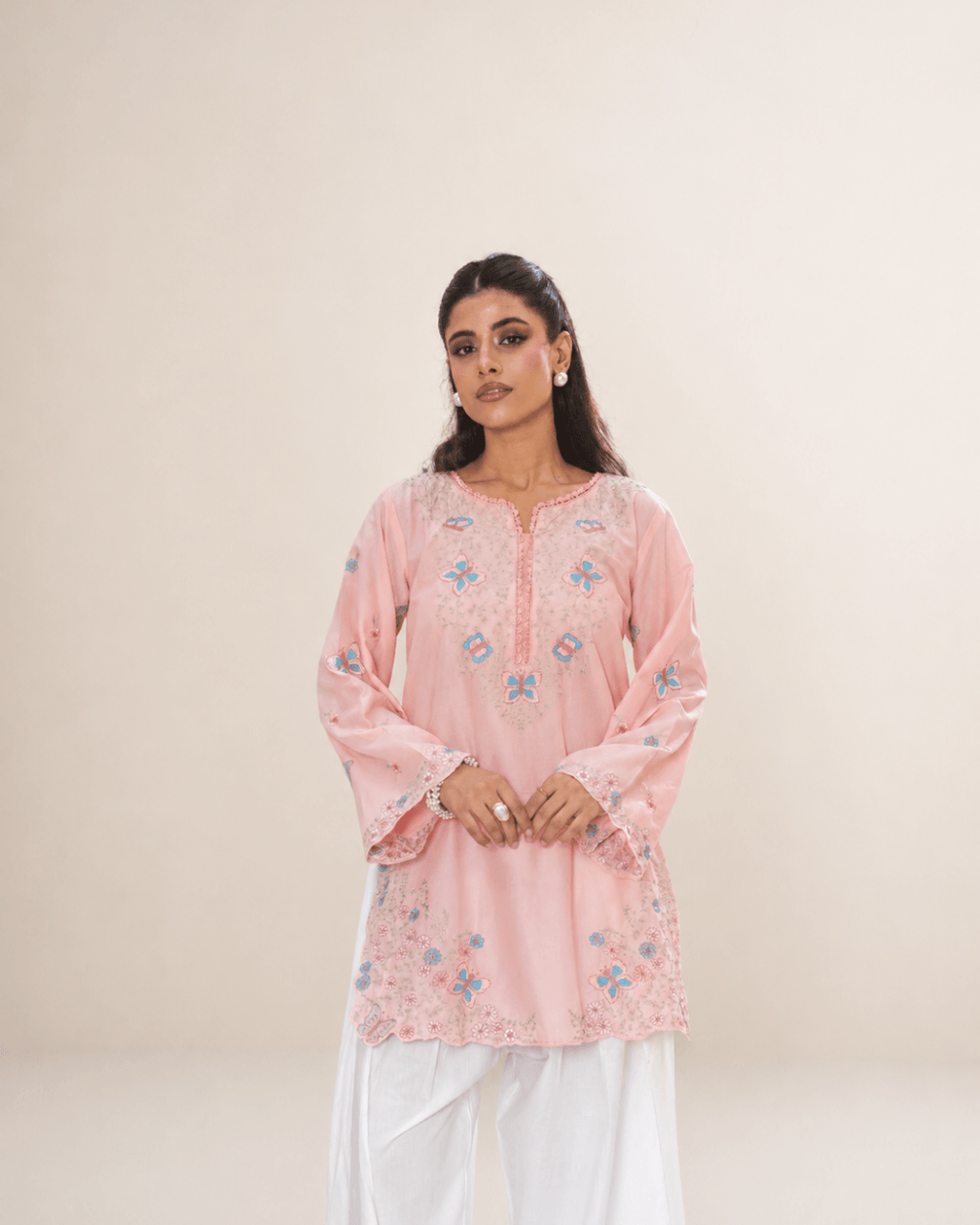 Peach Butterfly Embroidered Cotton Shirt & Chikankari Shalwar