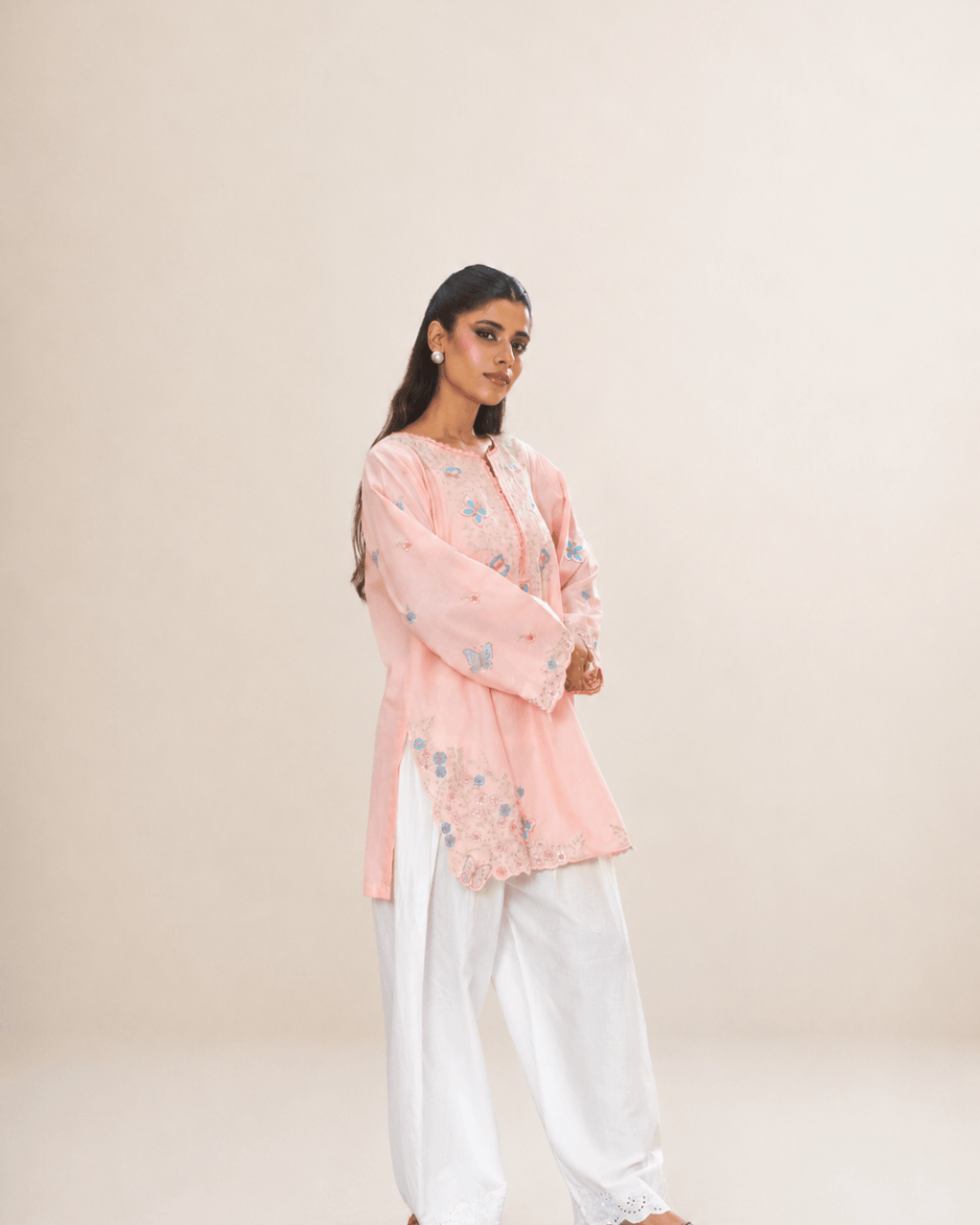 Peach Butterfly Embroidered Cotton Shirt & Chikankari Shalwar