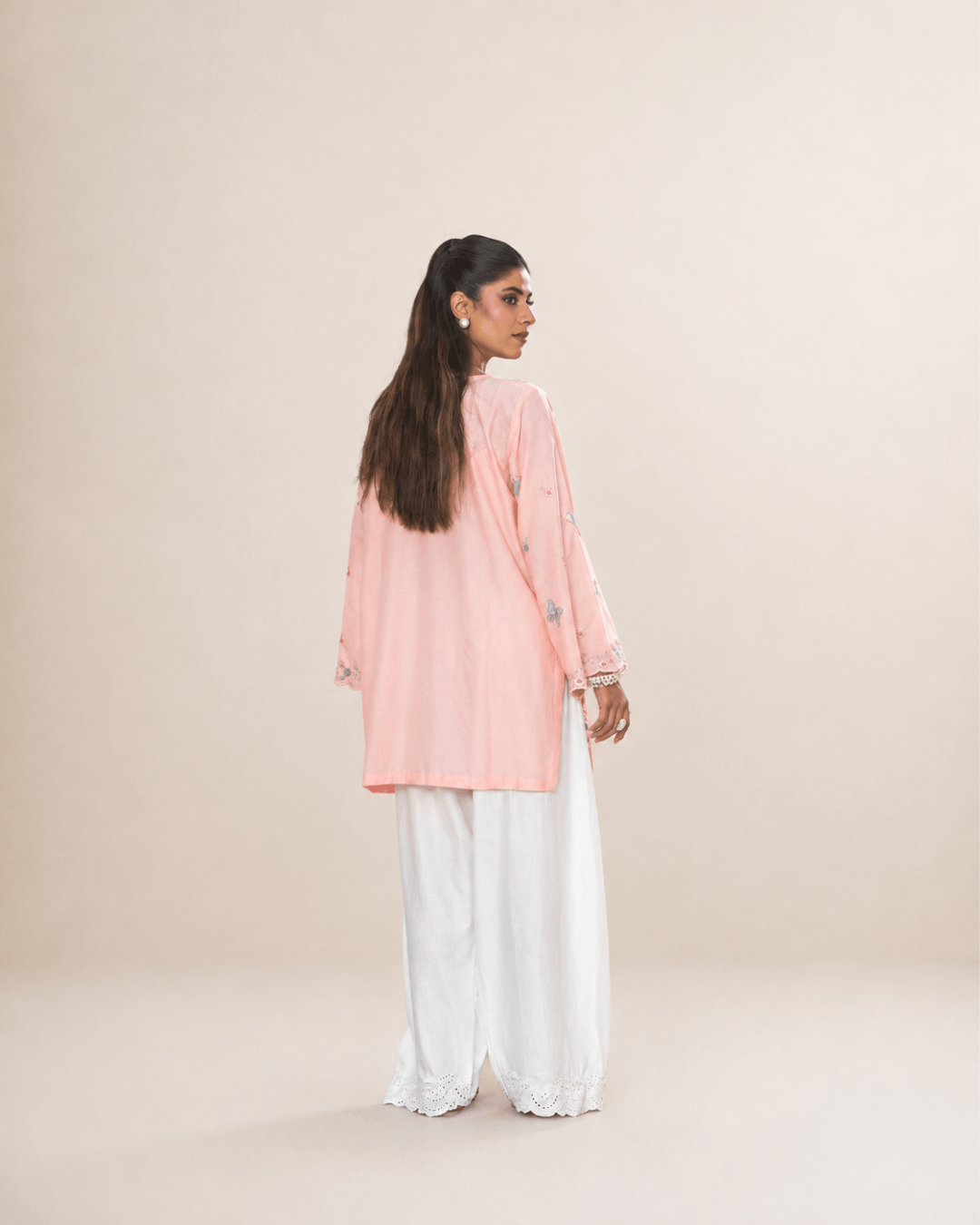 Peach Butterfly Embroidered Cotton Shirt & Chikankari Shalwar