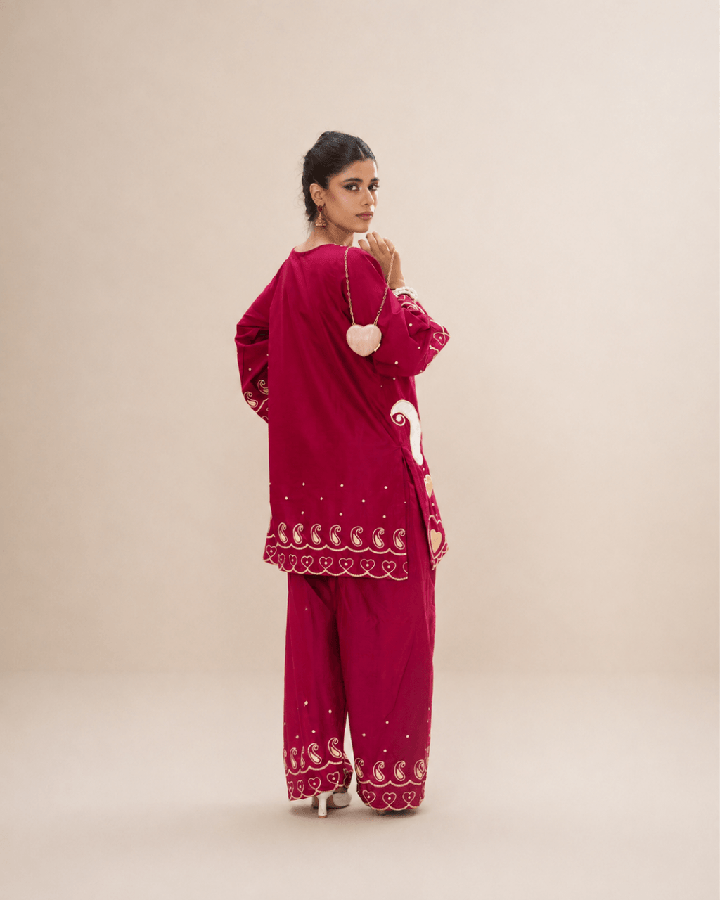 Deep Magenta Applique & Embroidered Cotton Short Shirt Set
