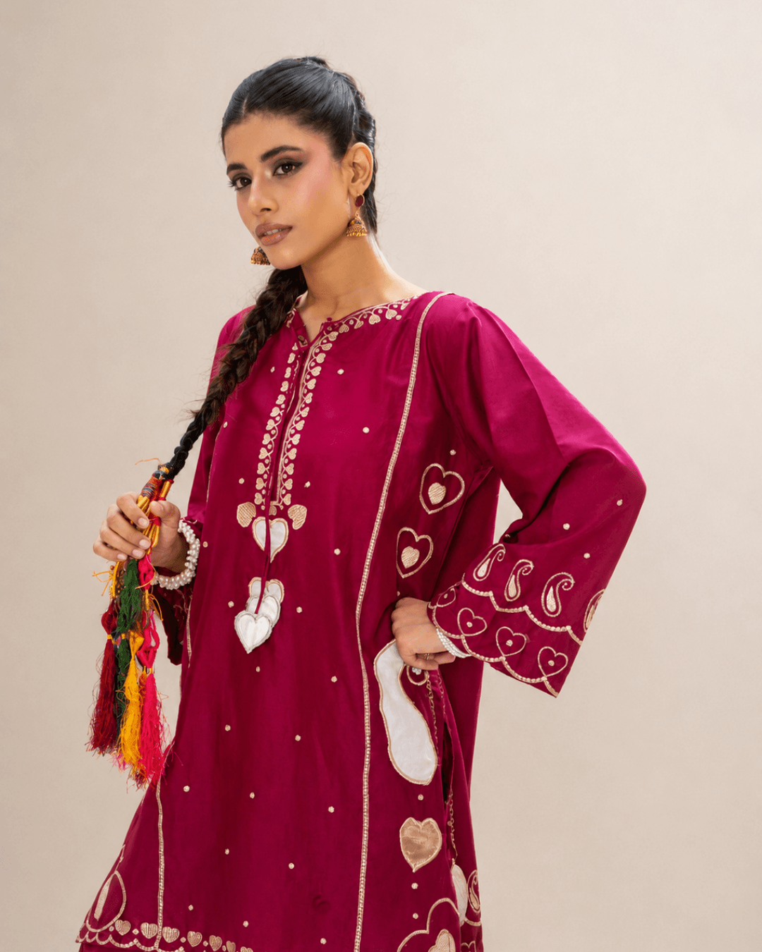 Deep Magenta Applique & Embroidered Cotton Short Shirt Set