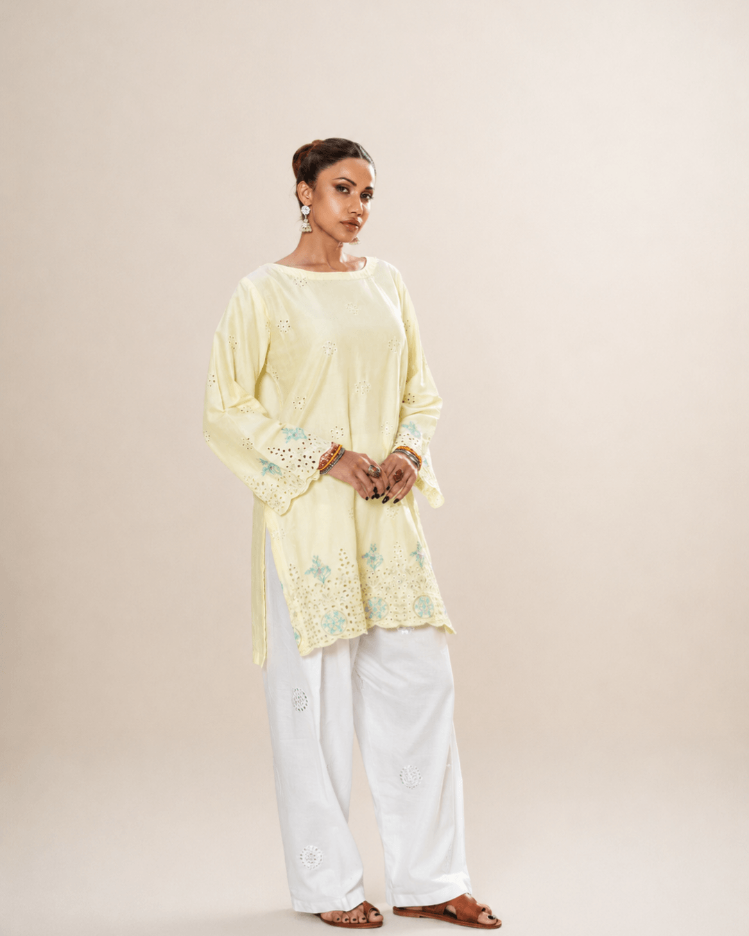 Lemon Yellow Chikankari Cotton Tunic & Embroidered Shalwar