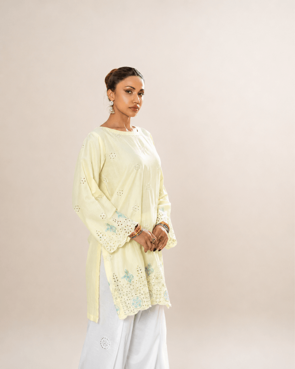 Lemon Yellow Chikankari Cotton Tunic & Embroidered Shalwar