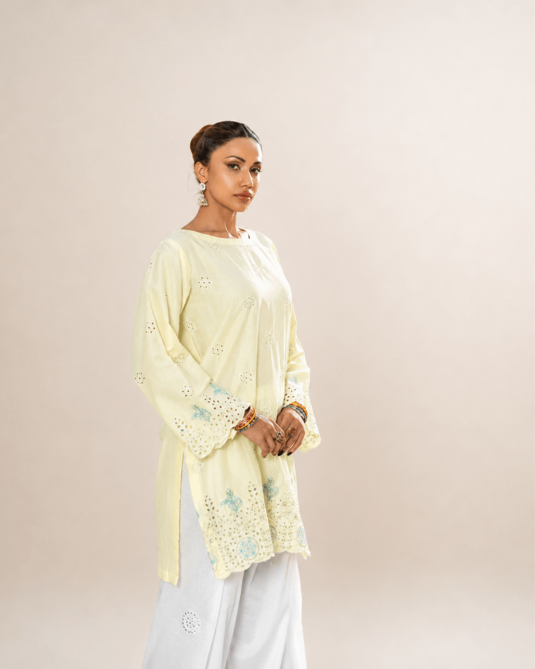 Lemon Yellow Chikankari Cotton Tunic & Embroidered Shalwar