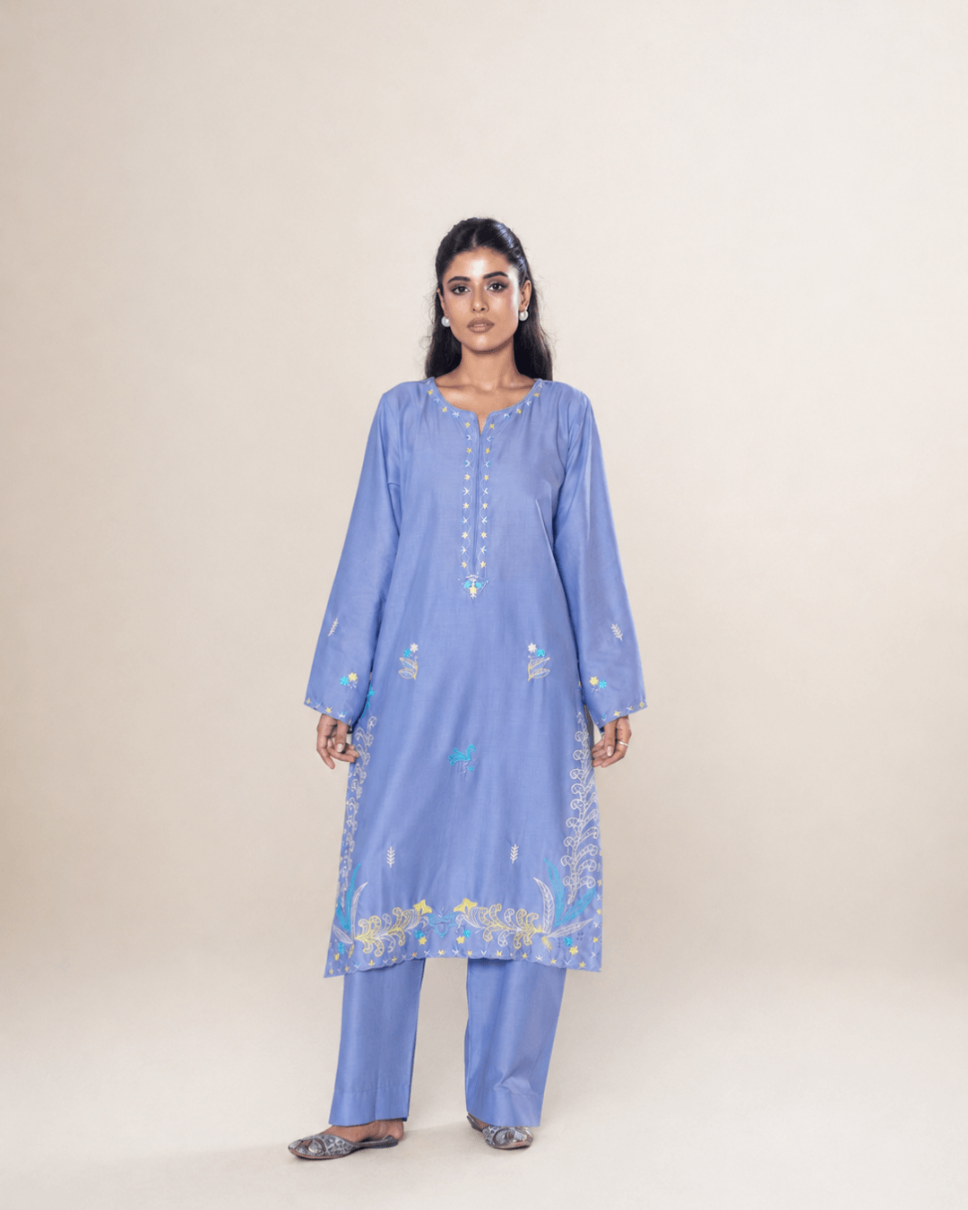 Periwinkle Blue Floral Embroidered Cotton Long Shirt Set