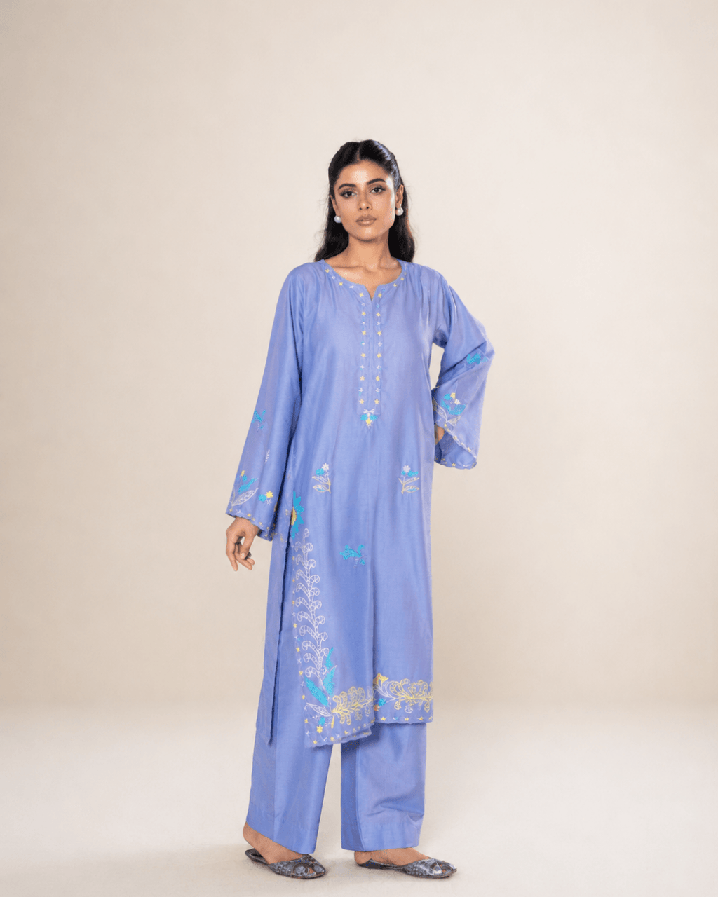 Periwinkle Blue Floral Embroidered Cotton Long Shirt Set