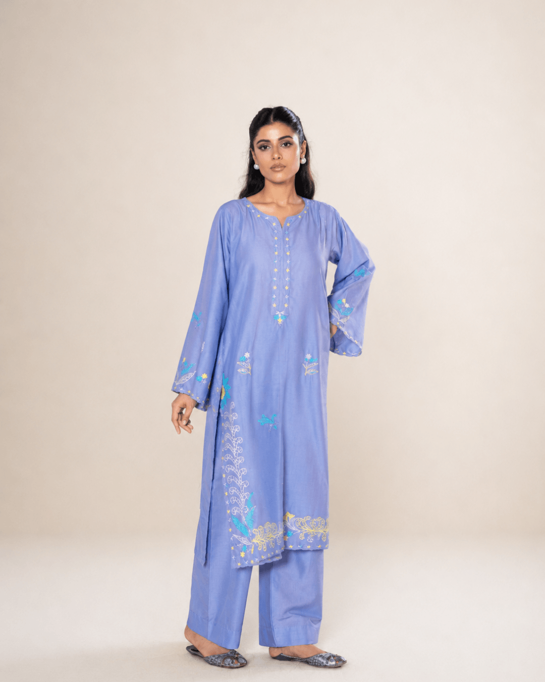 Periwinkle Blue Floral Embroidered Cotton Long Shirt Set