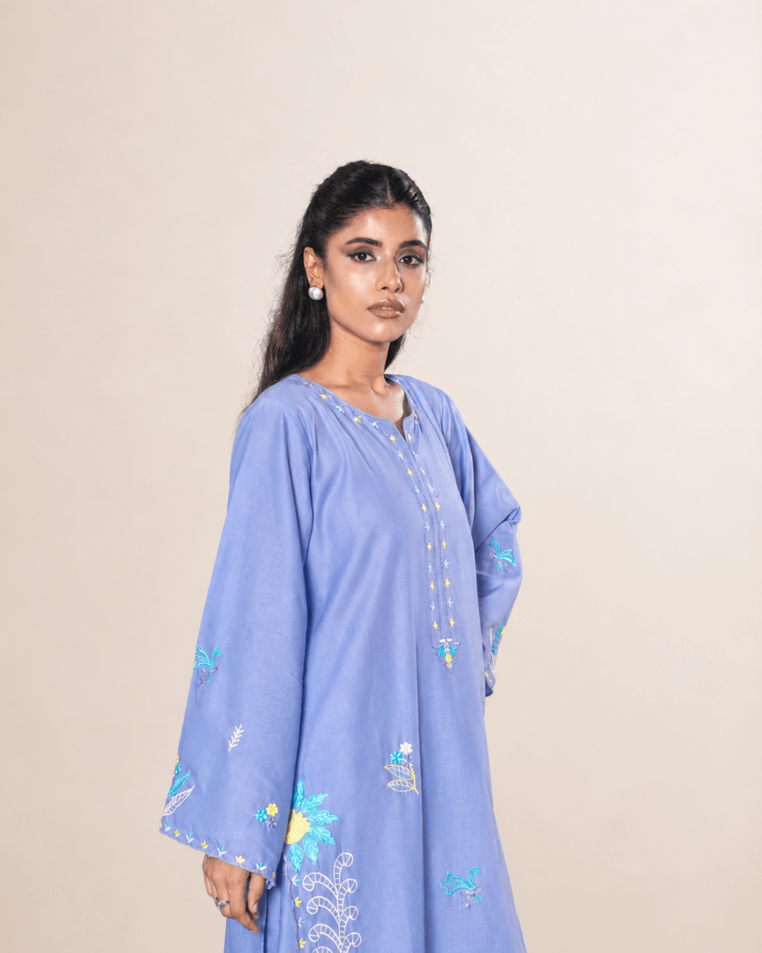 Periwinkle Blue Floral Embroidered Cotton Long Shirt Set