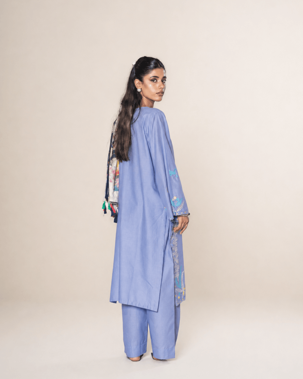 Periwinkle Blue Floral Embroidered Cotton Long Shirt Set