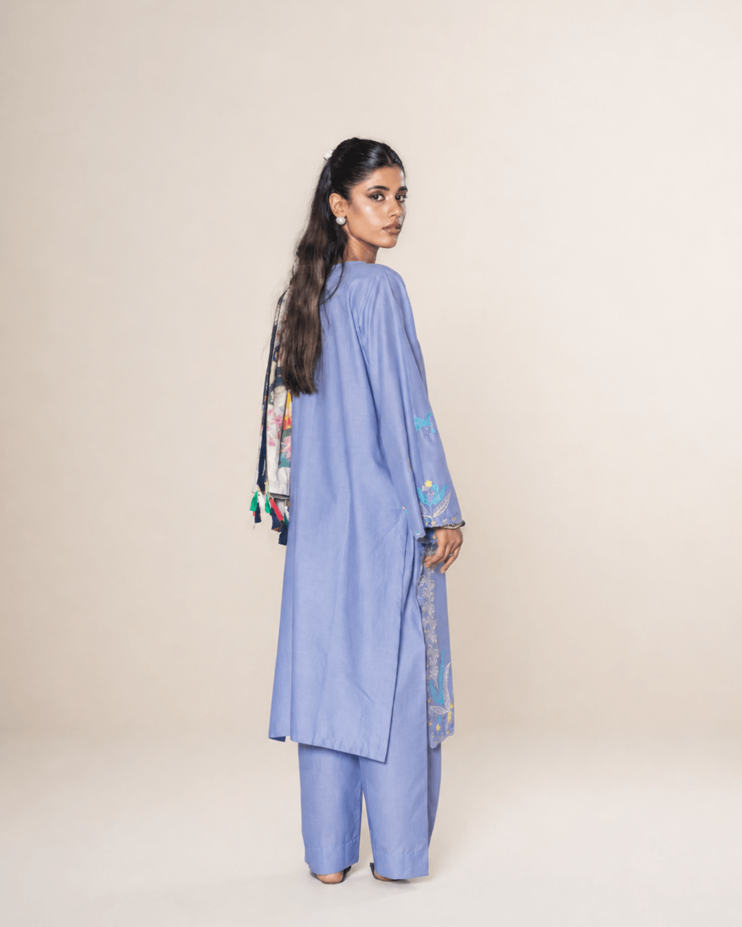 Periwinkle Blue Floral Embroidered Cotton Long Shirt Set