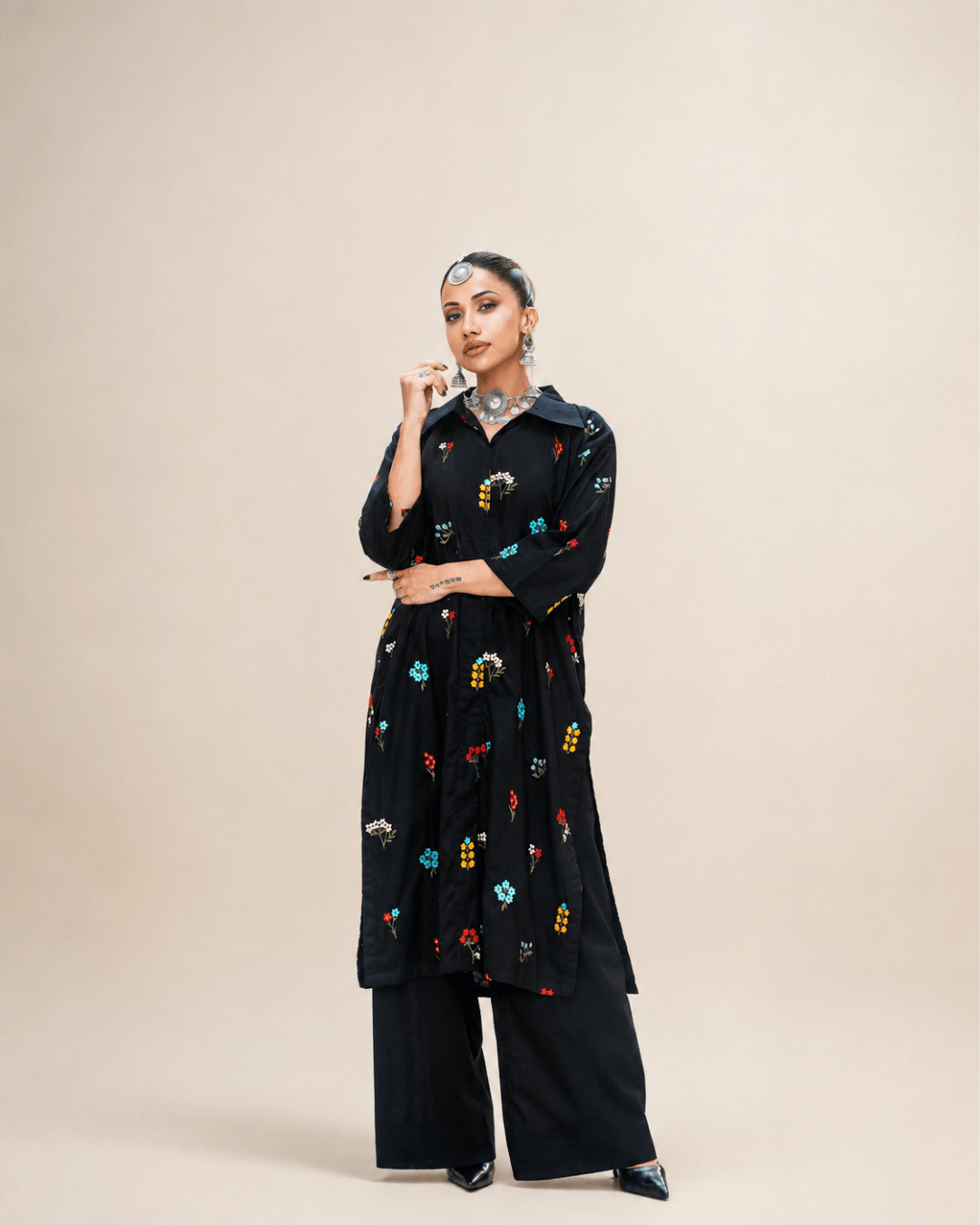 Black Embroidered Cotton Open-Front Shirt & Trouser Set
