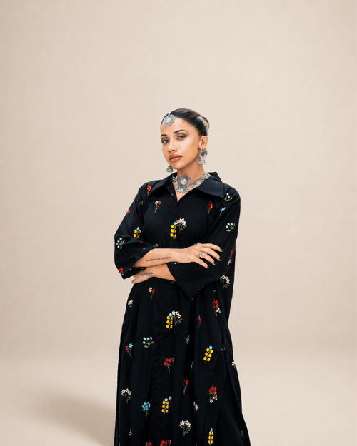 Black Embroidered Cotton Open-Front Shirt & Trouser Set