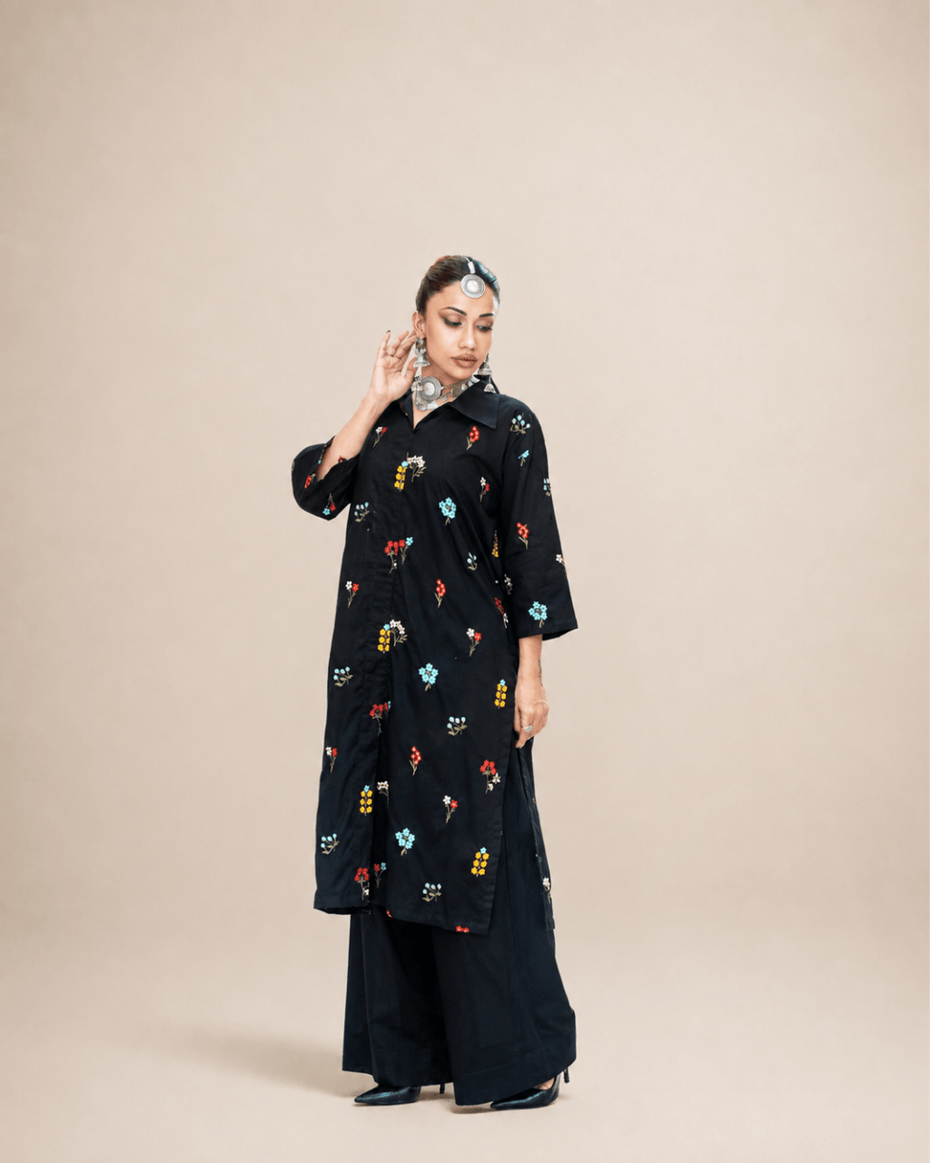 Black Embroidered Cotton Open-Front Shirt & Trouser Set