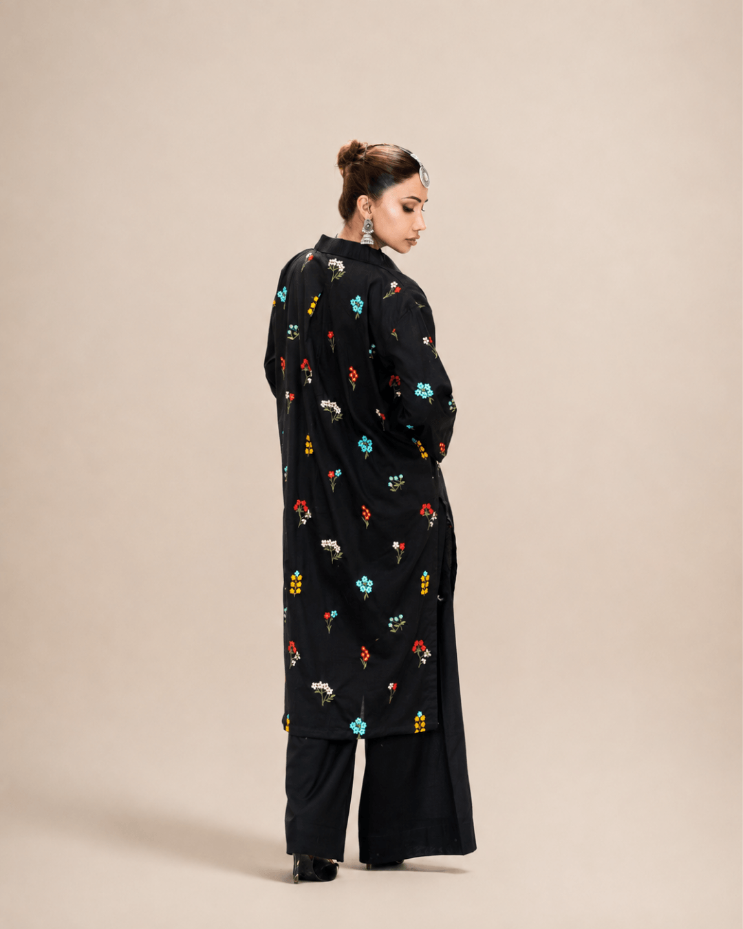 Black Embroidered Cotton Open-Front Shirt & Trouser Set