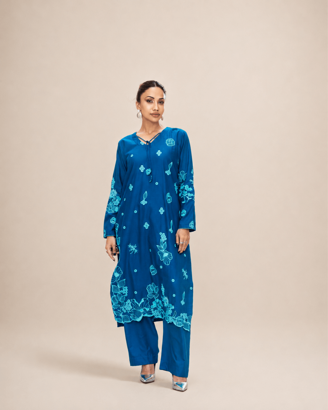 Teal Embroidered Cotton Classic Shirt & Trouser Set