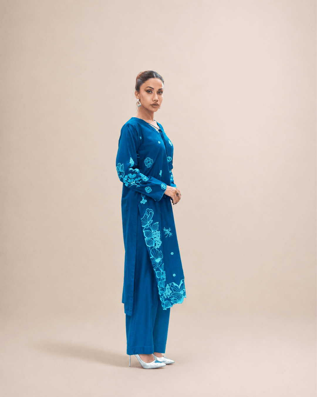Teal Embroidered Cotton Classic Shirt & Trouser Set
