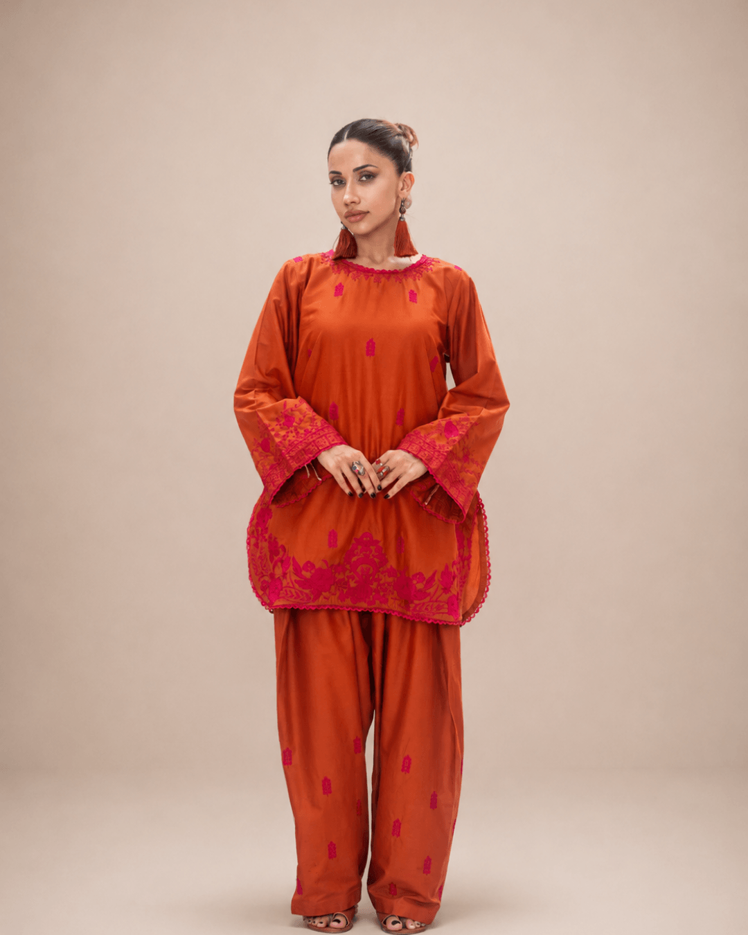Rust Embroidered Cotton Short Shirt & Farshi Shalwar Set
