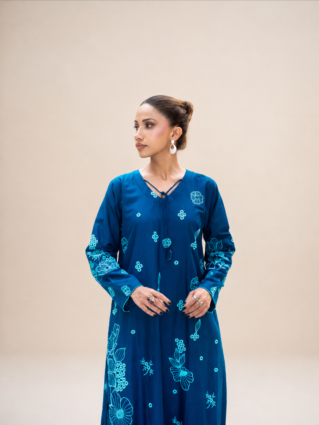 Teal Embroidered Cotton Classic Shirt & Trouser Set