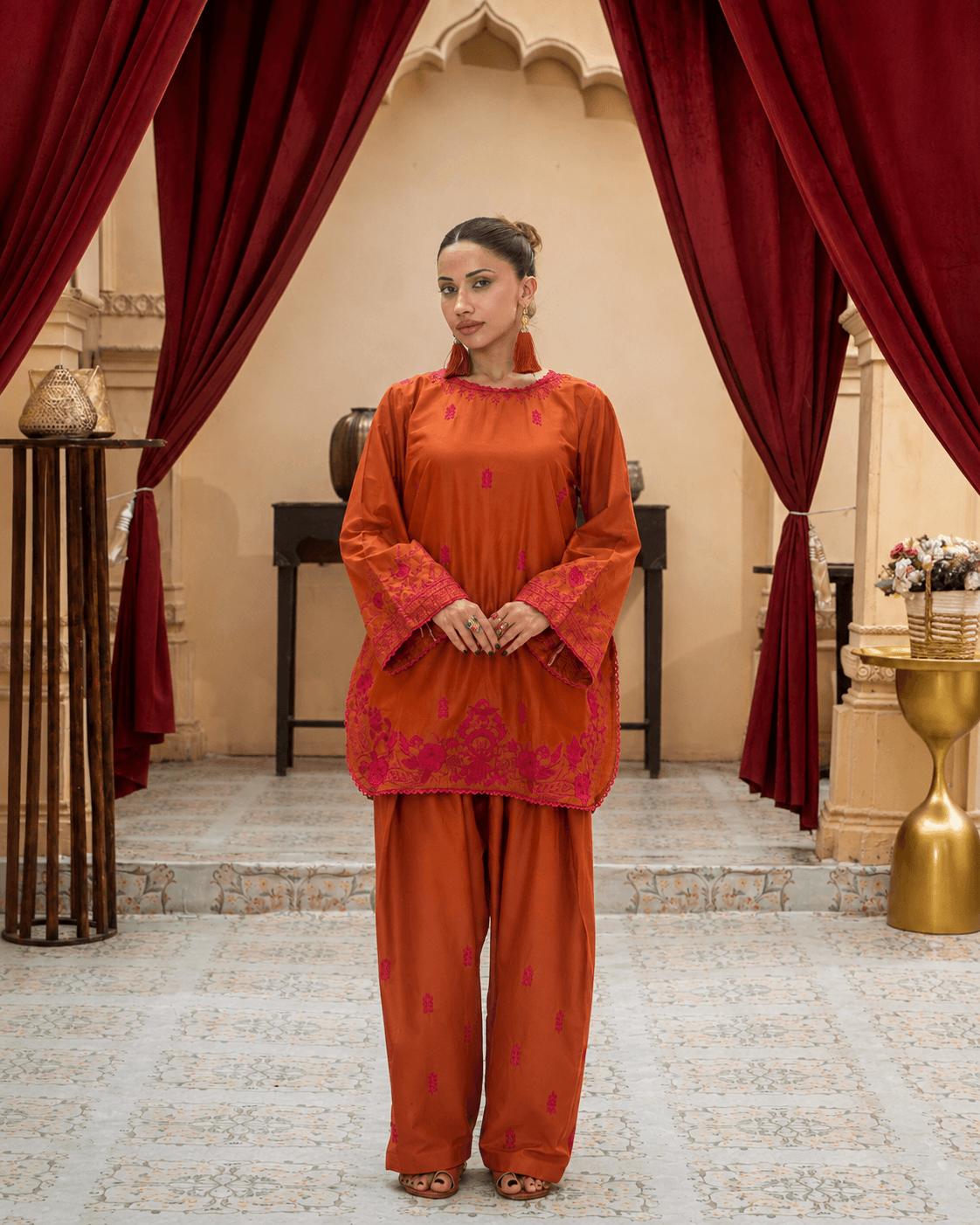 Rust Embroidered Cotton Short Shirt & Farshi Shalwar Set