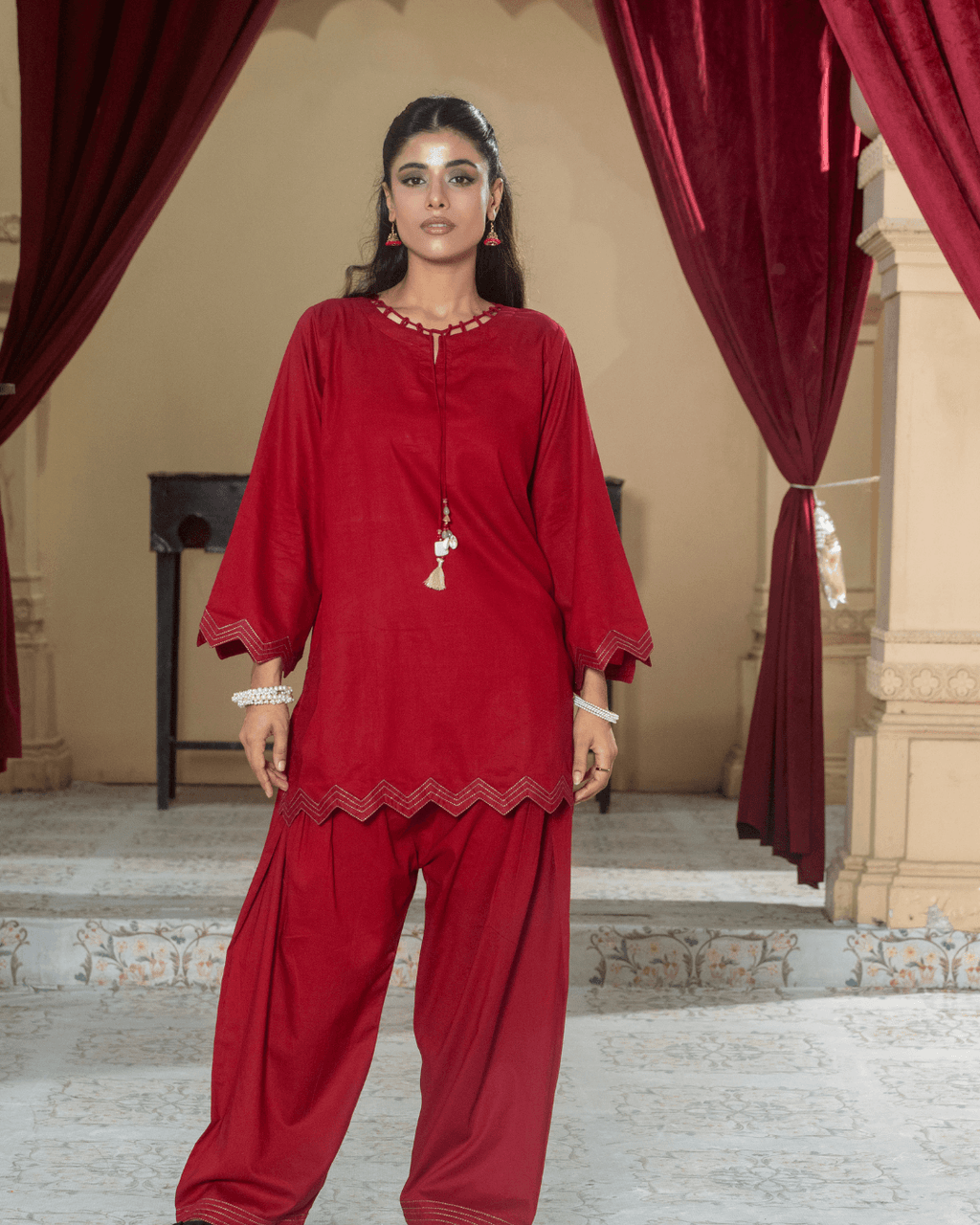 Crimson Red Cutwork Cotton Tunic & Embroidered Shalwar Set