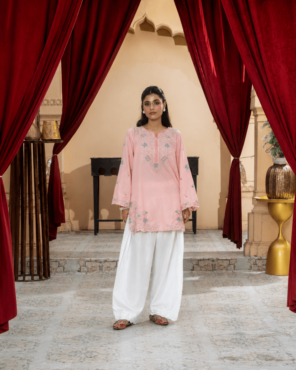 Peach Butterfly Embroidered Cotton Shirt & Chikankari Shalwar