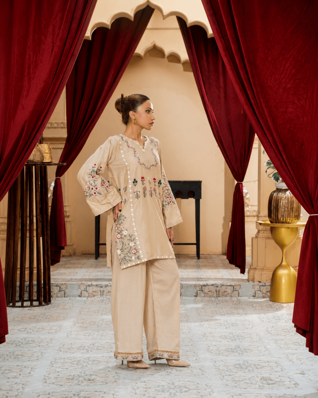 Soft Beige Floral Embroidered Cotton Co-Ord Shirt Set