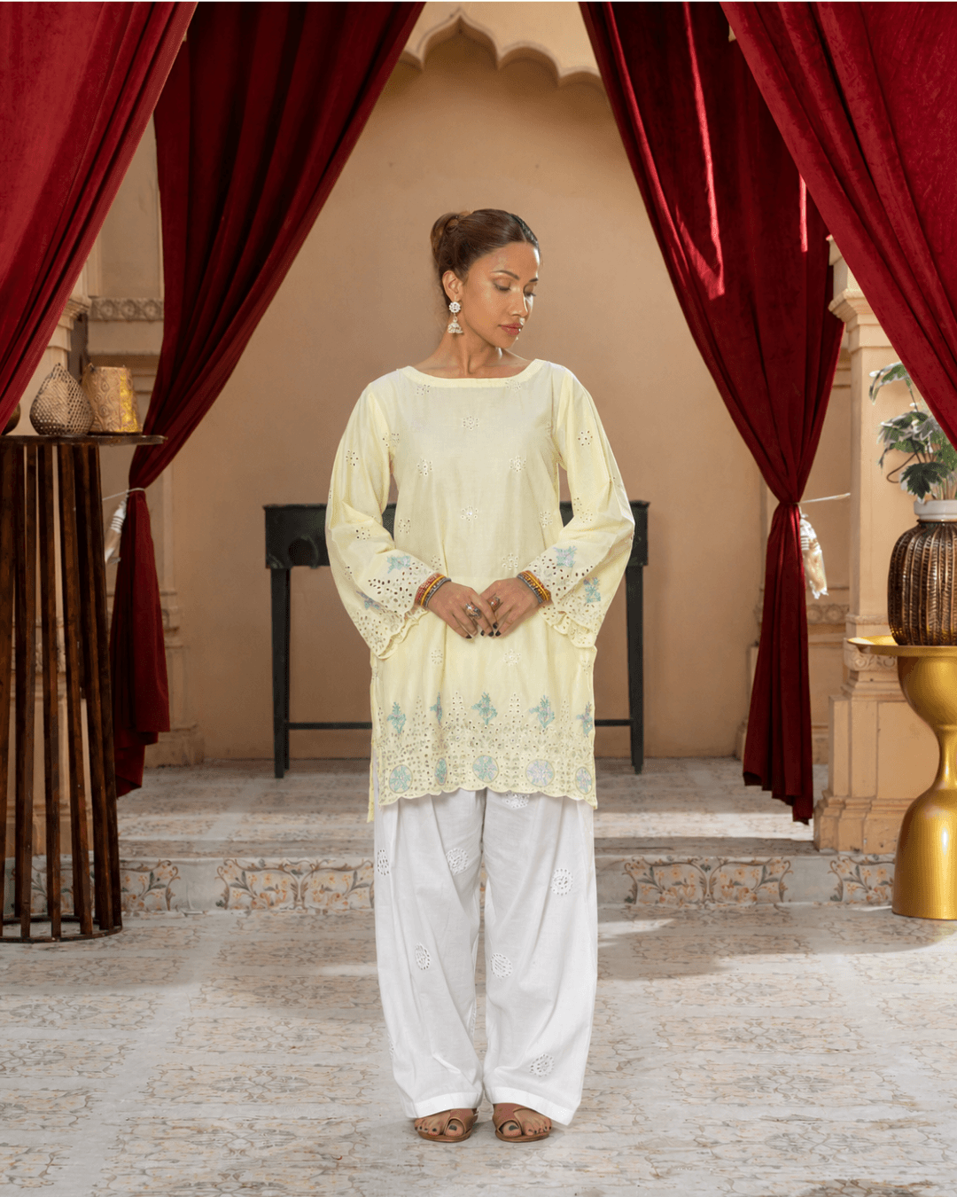 Lemon Yellow Chikankari Cotton Tunic & Embroidered Shalwar