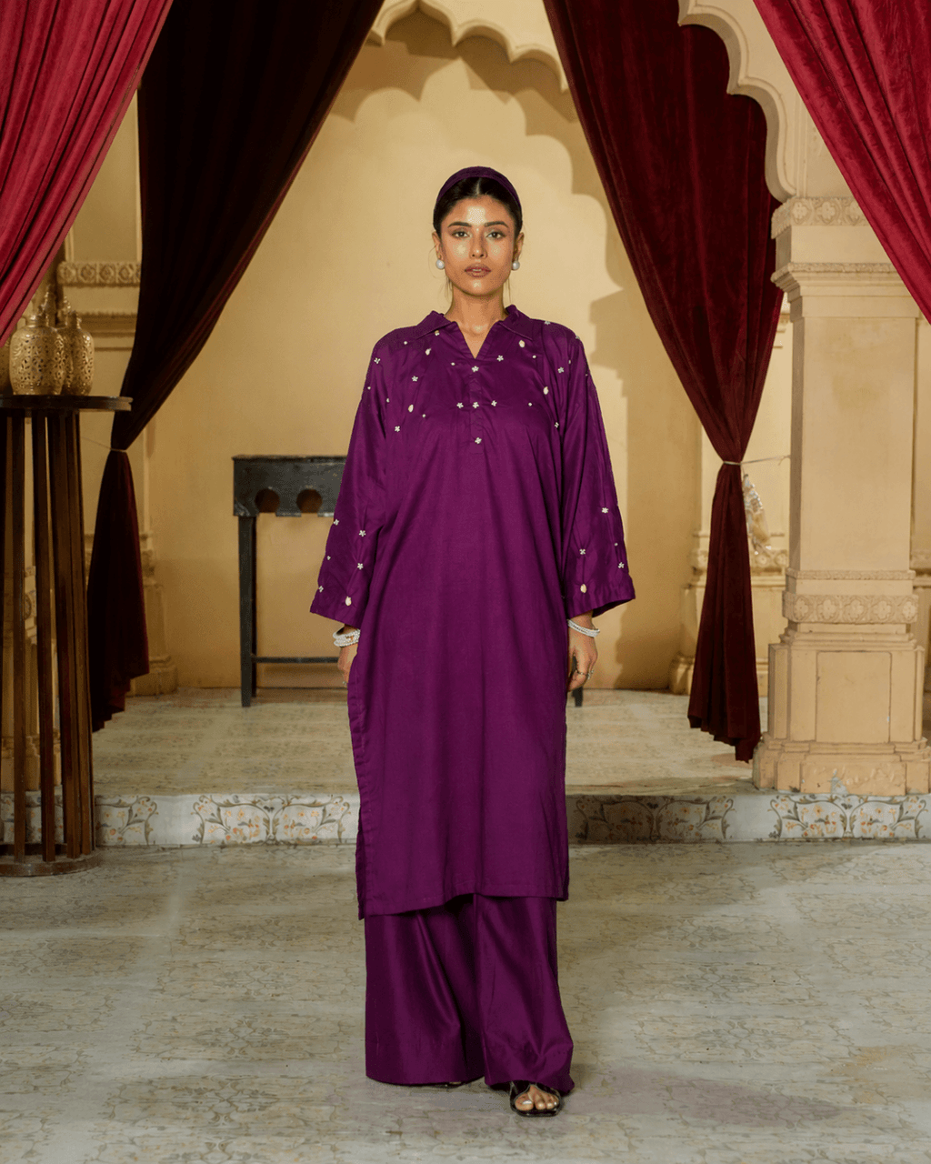Deep Plum Beaded Collar Cotton Shirt & Wide-Leg Trouser Set