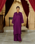 Deep Plum Beaded Collar Cotton Shirt & Wide-Leg Trouser Set