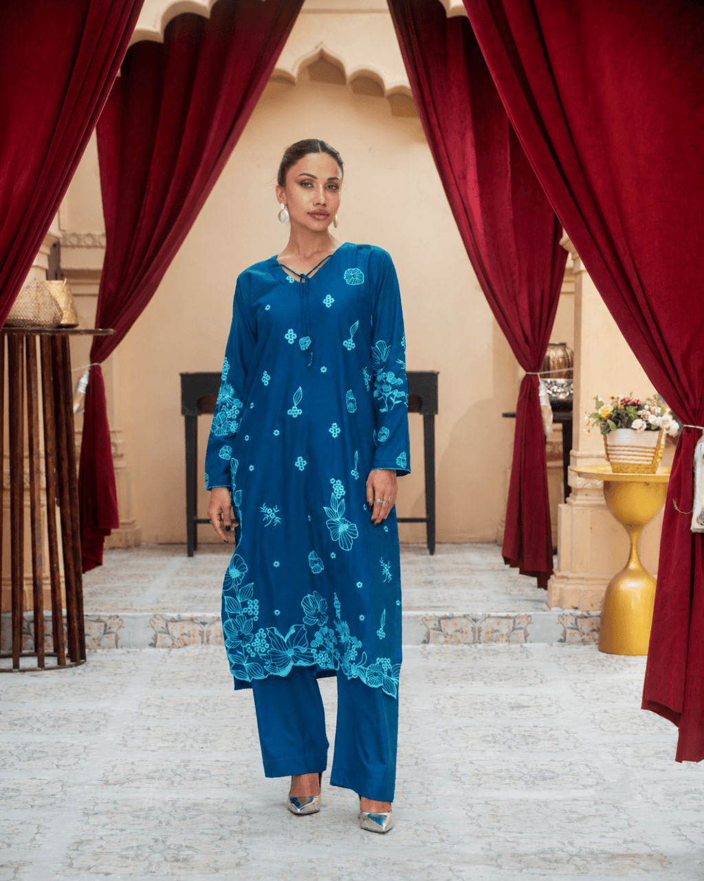 Teal Embroidered Cotton Classic Shirt & Trouser Set